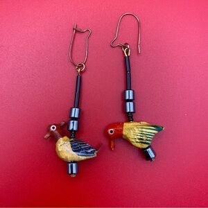 Hand Carved Wood and Hematite Bird Earrings